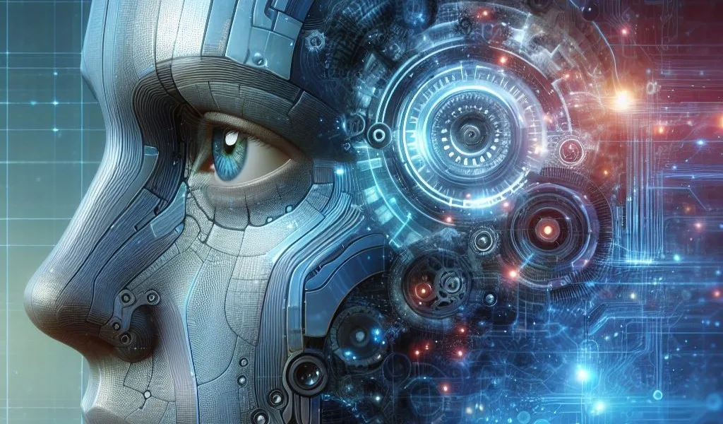 Futuristic AI robotic face with intricate circuitry and glowing lights, representing Machine Learning & AI Photography Techniques for Modern Creators 2025.