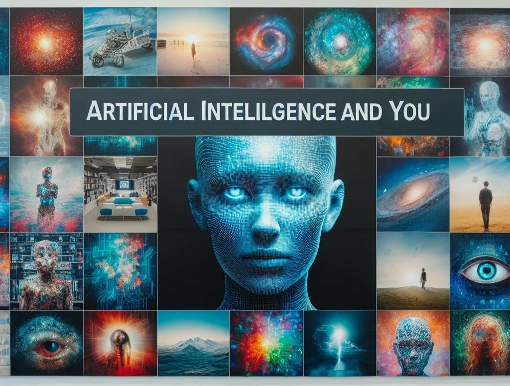 Collage of AI-themed images including digital human faces, galaxies, and technological motifs with a central text 'Artificial Intelligence and You.' This represents the integration of machine learning and AI in modern photography for creators in 2025.